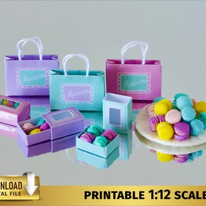 Dollhouse Miniature Sweet Box & Gift Bag Set 1:12 Bakery Miniature Macaron Box Dessert Cookies Box Bag Printable DOWNLOAD