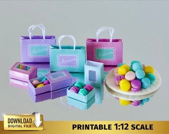 Casa de muñecas miniatura caja dulce y bolsa de regalo conjunto 1:12 panadería miniatura macarrón caja postre galletas caja bolsa imprimible DESCARGAR