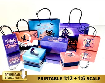 Trick Or Treat Halloween candy Miniature Shopping Bags gift Boxes spooky Printable Miniatures 1:12 & 1/6 scale 12 inch dolls house ornaments
