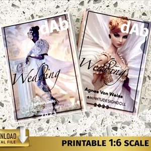 May include: Two printable dollhouse wedding dress designs. The first design features a black doll in a white lace gown with a long train. The second design features a blonde doll in a white gown with a gold bodice and a long veil. Both designs include the text "dAb Wedding" and the year 2023.