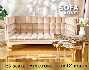 1:6 scale SOFA furniture Mid Century modern dollhouse sofa 12 inch doll couch furniture for BJD doll Fashion dolls custom tufted velvet sofa