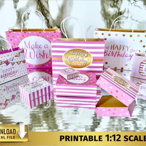 1:12 Miniature Dollhouse Birthday gift box bags packages Miniatures Collectible gift boxes dolls house home Printable miniature food dessert