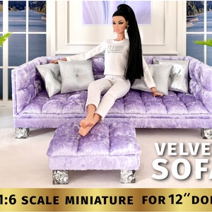 Purple Tufted velvet SOFA Play 1:6 scale doll furniture modern dollhouse 12 inch doll couch for BJD doll Fashion dolls custom