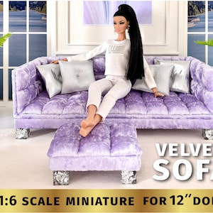 Purple Tufted velvet SOFA Play 1:6 scale doll furniture modern dollhouse 12 inch doll couch for BJD doll Fashion dolls custom