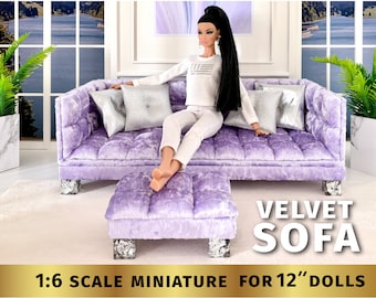 Purple Tufted velvet SOFA Play 1:6 scale doll furniture modern dollhouse 12 inch doll couch for BJD doll Fashion dolls custom