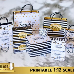1:12 Miniature Dollhouse Birthday gift box bags packages Miniatures Collectible gift boxes dolls house home Printable miniature food dessert