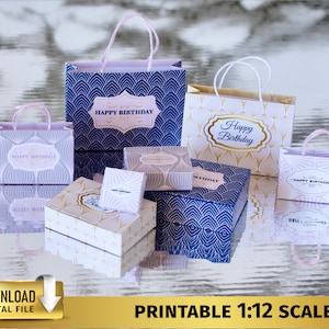 Vintage Birthday printable miniature boxes template shopping bags 1:12 scale miniature package tiny mini box Dollhouse Miniature Box bag