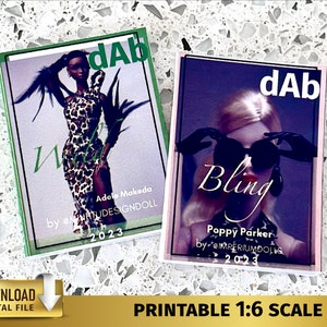 May include: Two printable doll magazine covers. The left cover is green and features a black doll wearing a leopard print dress and a feathered headdress. The text on the cover reads "Wild" and "Adele Makeda by @NATITUDESIGNDOLL 2023". The right cover is pink and features a blonde doll wearing sunglasses and a black hat. The text on the cover reads "Bling" and "Poppy Parker by @IMPERIUMDOLLS 2023".