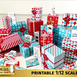 42 Scatole regalo di Natale in miniatura Set 1:12 regalo in miniatura scaricabile casa delle bambole Regalo blu Natale Buste Buste Carte Stampabile DOWNLOAD