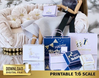 Könnte beinhalten: Druckbare Geschenktaschen und -boxen im Maßstab 1:6 mit dem Thema Happy Birthday. Die Taschen sind mit goldenen und violetten Akzenten verziert und zeigen verschiedene Designs zum Thema Geburtstag, darunter Partyhüte, Konfetti und Geschenke.