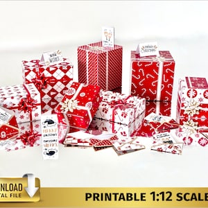 Red Miniature Christmas gift boxes Set 1:12 downloadable dollhouse miniature present Xmas gift Boxes Envelopes Cards Printable DOWNLOAD