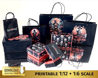 Halloween candy Miniature Shopping Bags gift Boxes Trick Or Treat spooky Printable Miniatures 1:12 & 1/6 scale 12 inch dolls house ornaments