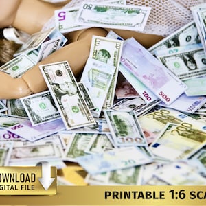 May include: Printable 1:6 scale paper money for a dollhouse or miniature play. The image shows a variety of bills including US dollars and Euros in denominations of 5, 10, 20, 50, 100, 200, and 500.