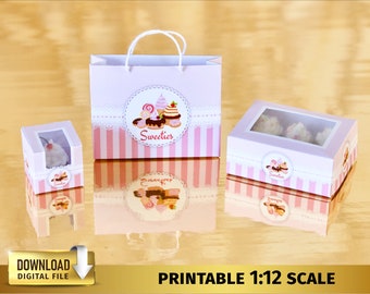 Casa de muñecas miniatura caja dulce y bolsa de regalo conjunto 1:12 panadería miniatura caja de cupcakes postre galletas caja bolsa imprimible DESCARGAR