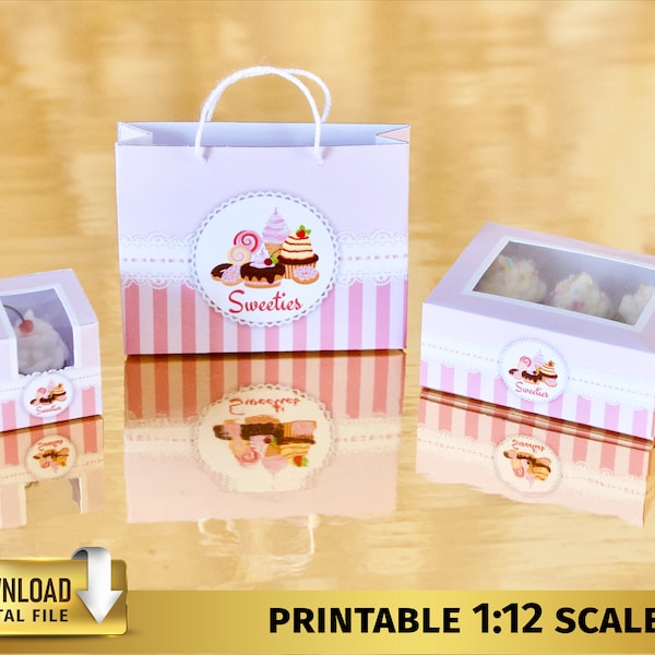 Dollhouse Miniature Sweet Box & Gift Bag Set 1:12 Bakery Miniature Cupcake Box Dessert Cookies Box Bag Imprimable TÉLÉCHARGEMENT