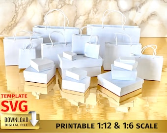 Plantilla SVG a escala 1/6 Bolsas de compras en miniatura Cajas de regalo 1:12 Imprimible Casa de muñecas de 12 pulgadas PDF Bolsa simple en blanco Adorno de caja Casa de muñecas