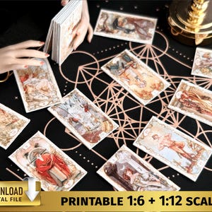 Tarocchi Mucha Oracolo Carte Stampabili Miniatura Strega Casa delle Bambole Cartomanzia 1/6 1/12 scala Halloween magia miniatura pagana wicca wiccan