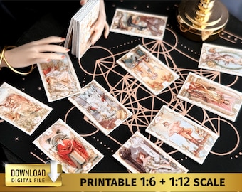 Tarot Mucha Oracle Cards Printable Miniature Witchy Dollhouse Fortune telling 1/6 1/12 scale Halloween magic miniature pagan wicca wiccan