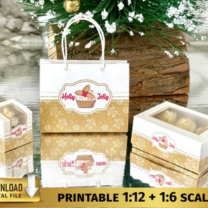 Christmas Miniature Sweet Box Gift Bag Set 1:12 Bakery Miniatures Cupcake Box Dessert Cookies Box 1/6 scale Printable Dollhouse pastry