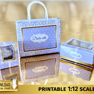 Dollhouse Miniature Sweet Box & Gift Bag Set 1:12 Bakery Miniature Cupcake Box Dessert Cookies Box Bag Printable DOWNLOAD