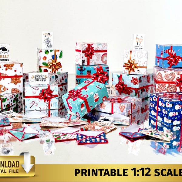 42 Cajas de regalo de Navidad en miniatura Set 1:12 regalo de navidad descargable de casa de muñecas regalo de Navidad Cajas de regalo de Navidad Tarjetas Imprimibles DESCARGAR