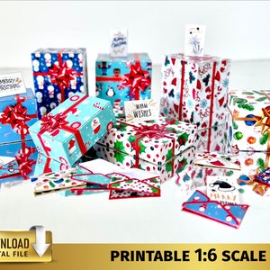 Scatole regalo di Natale in miniatura 1:6 Set roombox della casa delle bambole regalo Scatole regalo di Natale Bambole da 12 pollici Buste Carte stampabili