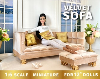 Beige Tufted velvet SOFA Play 1:6 scale doll furniture modern dollhouse 12 inch doll couch for BJD doll Fashion dolls custom miniature pouf