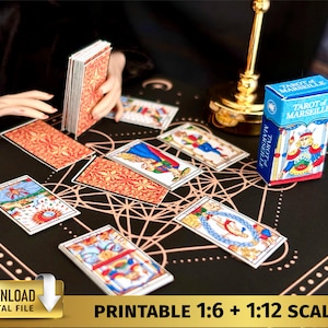 Baraja de cartas del tarot de Marsella para imprimir en miniatura para casa de muñecas de brujas, adivinación, tiradas de tarot de brujería en miniatura para Halloween a escala 1/6 y 1/12
