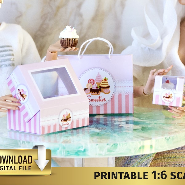 1:6 scale Pastry Cupcake BOX BAG meringue bakery miniature sweet box dessert dolls baking mini doll food 1/6 scale doll acessories Printable