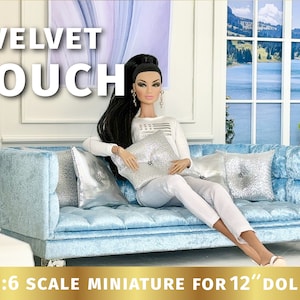 1:6 skala KANAPA Pikowana aksamitna sofa dla lalek Meble do zabawy w skali nowoczesnego domku dla lalek w kolorze niebieskim 12-calowa sofa dla lalek dla modnych lalek otomana