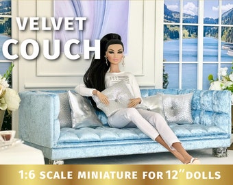 1:6 Scale Velvet Doll Couch, Tufted Miniature Sofa