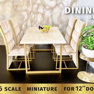 Dining table velvet chairs 1:6 scale doll furniture for 12 inch doll modern dollhouse roombox diorama for Fashion dolls