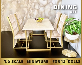 Table à manger, chaises en velours, meubles de poupée à l'échelle 1:6 pour poupée de 12 pouces, maison de poupée moderne, diorama pour poupées fantaisie