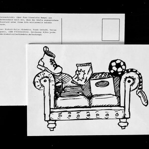 Postkarten-Set Hempels Sofa, 2 Stück + Umschlag, Schwarzweißdruck auf Karton mit Umschlag, Zeichnung: Björn Locke, Gestaltung Frank Osthoff
