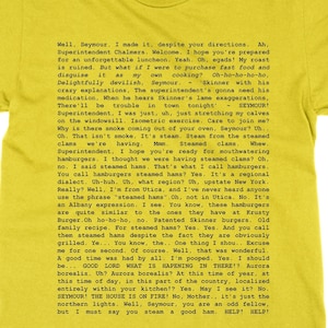 Camiseta com roteiro do Steamed Hams, texto totalmente legível, meme de televisão