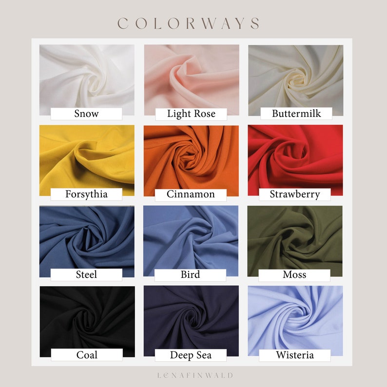 Puede incluir: Una carta de colores que muestra 12 muestras de tela en varios colores, incluyendo nieve, rosa claro, suero de leche, forsitia, canela, fresa, acero, p&aacute;jaro, musgo, carb&oacute;n, mar profundo y glicinia.