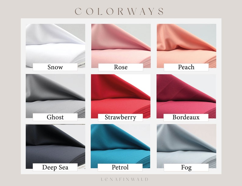 May include: Nine fabric swatches in different colors, including Snow, Rose, Peach, Ghost, Strawberry, Bordeaux, Deep Sea, Petrol, and Fog.