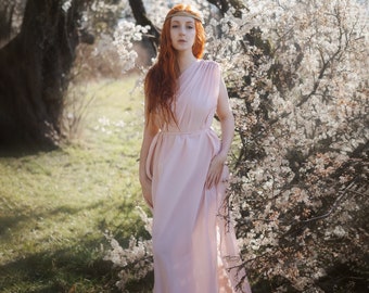 Pre-Raphaelite Dress "Circe" Toga Goddess Rose Peach Cream Snow Blue Red Grey