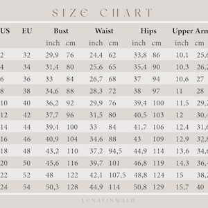 May include: Size chart for clothing with measurements in inches and centimeters. The chart includes US and EU sizes, bust, waist, hips, and upper arm measurements.