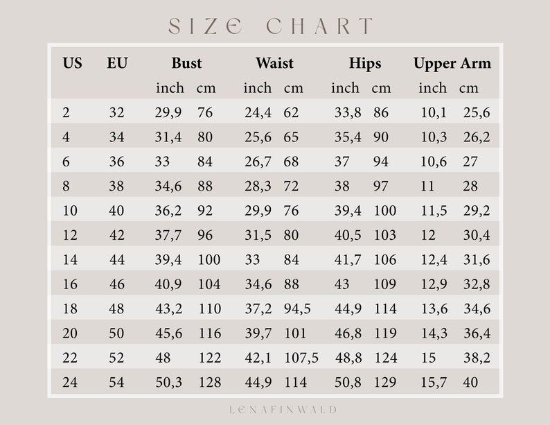 May include: Size chart for clothing with measurements in inches and centimeters. The chart includes US and EU sizes, bust, waist, hips, and upper arm measurements.