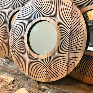 Solid Oak Round Circular Geometric Wall Art Upcycled Mirror