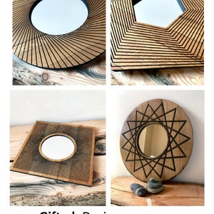 May include: Four different designs of modern rustic oak wall mirrors. Each mirror has a unique geometric pattern carved into the wood. The mirrors are all round or square in shape.