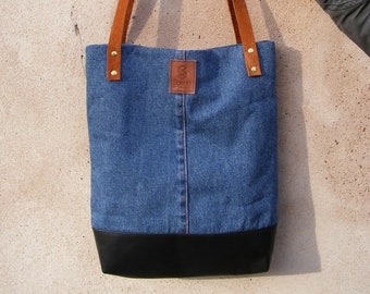 Tote Bag Shopping Bag Denim Blue Leather Black