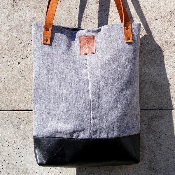 Tote bag sac denim et cuir gris noir