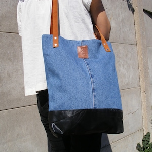 Tote Bag Shopping Bag Denim Blue Black Leather