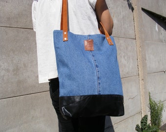 Tote Bag Shopping Bag Denim Blue Black Leather