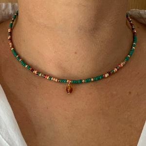 14K GF green seed bead necklace, seed bead necklace green necklace, colored beaded necklace, green choker, seed bead choker, beaded necklace