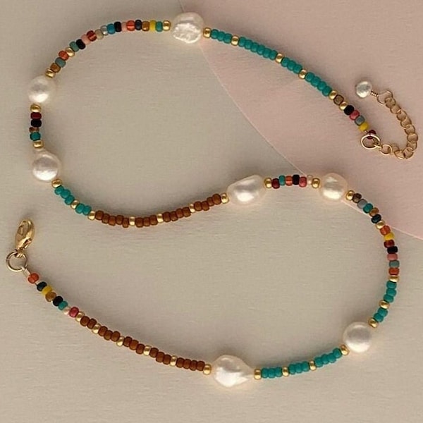 Collier 14K GF de perle de rocaille turquoise et marron et perle d'eau douce, collier perle rocaille, collier miyuki, collier, bijou cadeau