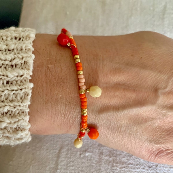 14K GF Bracelet perles de rocaille et breloques facettes, bracelet orange, bracelet miyuki, bracelet perles coloré, bijou, cadeau pour elle