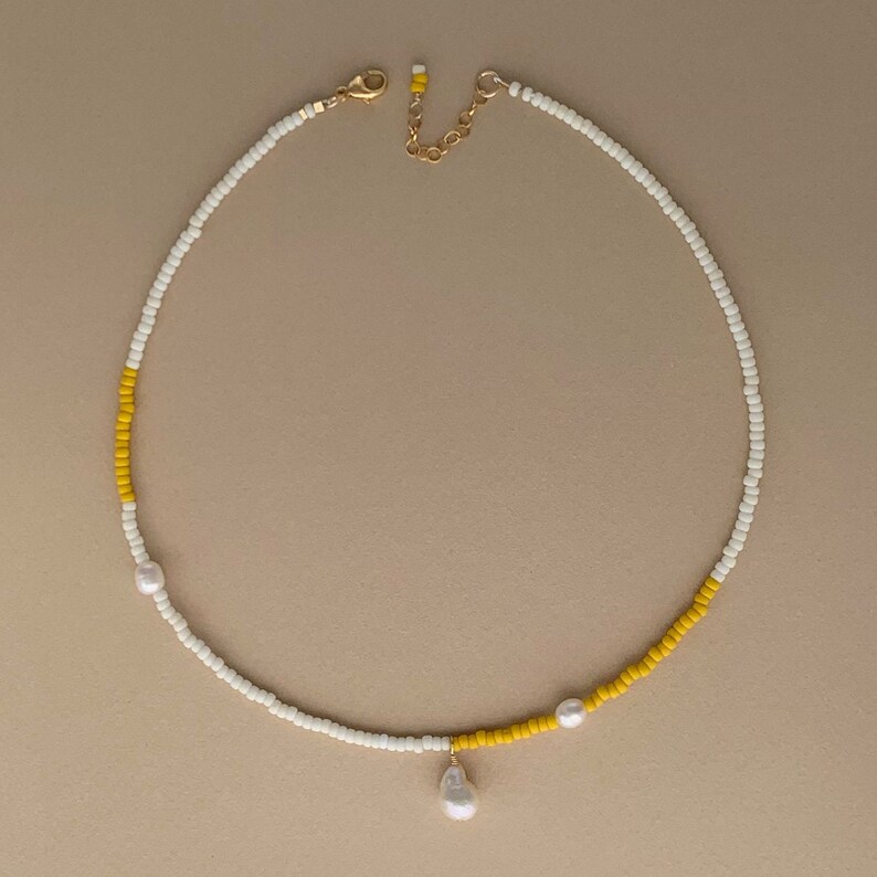 White and Yellow Seed Bead Necklace With Freshwater Pearl Etsy